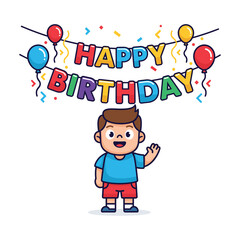 Cute cartoon boy celebrating happy birthday with colorful balloons and confetti