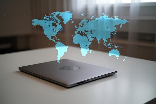 Global business concept with a world map hologram hovering over a laptop, perfect for international marketing or tech innovation - Powered by Adobe