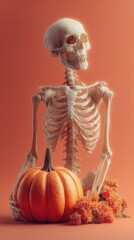 Obraz premium Skeleton displays festive autumn decorations