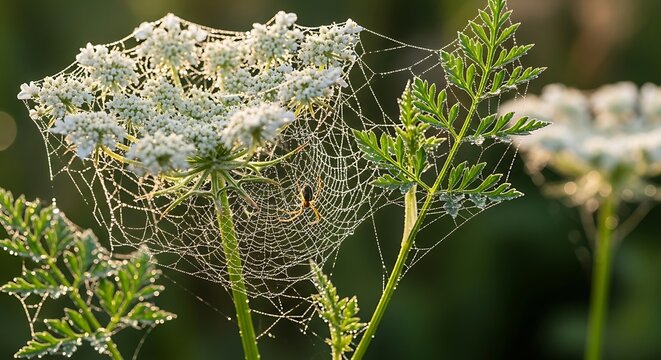 Delicate Spiderweb on Wildflowers. - Powered by Adobe