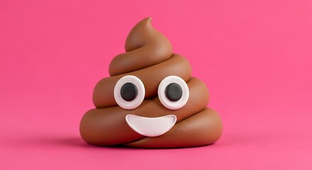 A smiling poop emoji with big eyes and a wide grin on a vibrant pink background