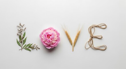 The word love spelled out with natural elements, isolated on white background