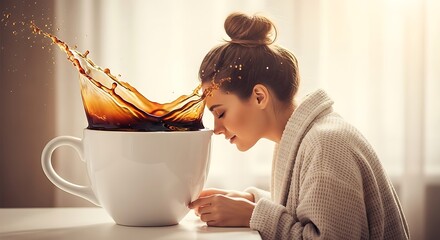Woman enjoying a large cup of coffee with a splash