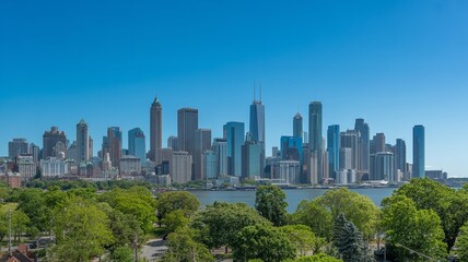 Fototapeta premium A cityscape view of chicago with skyscrapers and trees under a clear blue sky on a sunny day