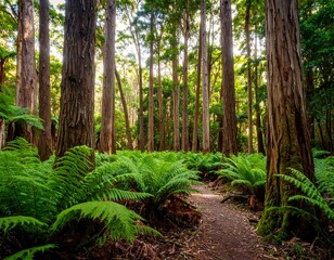 Lush forest path winding through ferns