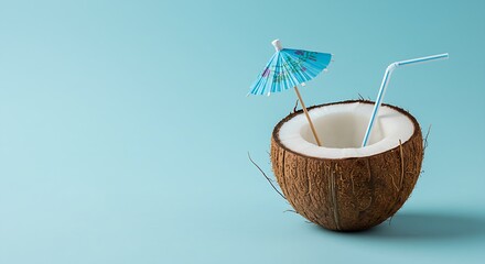 Artistic presentation of a natural coconut container holding liquid, topped by a patterned blue parasol