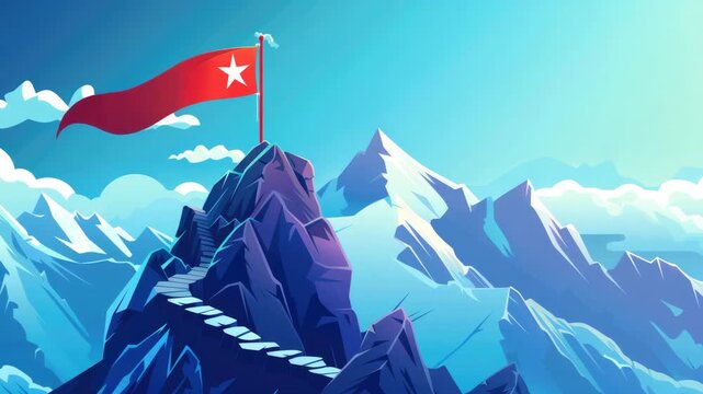 A vibrant  of a mountain peak with clouds and a flag waving in the wind.