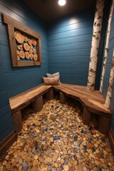 A cozy, rustic corner nook features a custom wooden bench, supporting logs, and a unique, wood-chip stone floor, all in a rich teal blue setting.