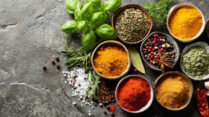 Assorted fresh herbs and spices in wooden bowls on a textured dark grey background, featuring basil, rosemary,