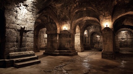 Fototapeta premium Dark underground catacombs with stone archways and flickering torches