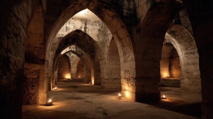 Dark underground catacombs with stone archways and flickering torches