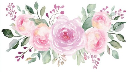 A delicate watercolor floral arrangement with soft pink roses, green leaves,