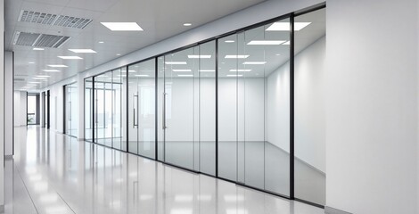 Modern minimalist office hallway with glass wall partitions and clean architectural design concept in bright interior lighting environment. Ai generative
