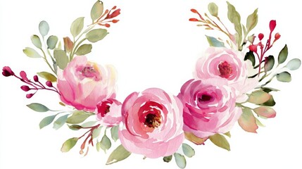 A delicate watercolor arrangement of pink roses with green foliage and red accents forms an elegant circular frame,