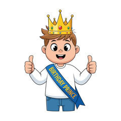 Happy Cartoon Boy Wearing Birthday Prince Sash and Crown Giving Thumbs Up