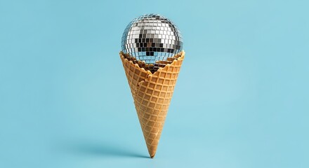 A waffle cone filled with a silver disco ball, against a bright blue background