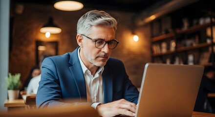 Focused man with gray hair and glasses in a navy blue suit, working on a laptop in a cozy café setting