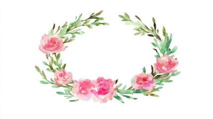 A circular watercolor wreath featuring delicate pink flowers and green leaves,
