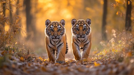 Two young tigers walking towards the camera in a sun-dappled forest with autumn leaves