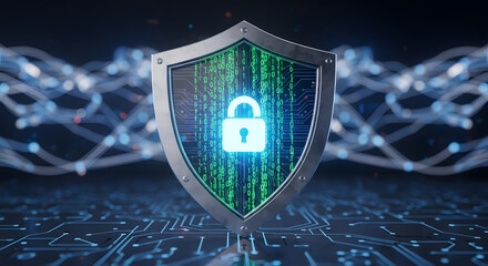 digital security shield with padlock and network background