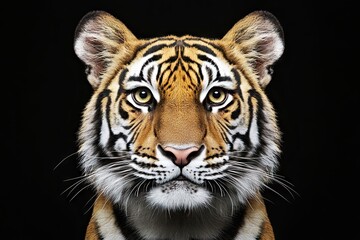 Fototapeta premium A close-up of a tiger's face with striking orange and black stripes, set against a black background