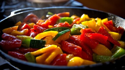 A vibrant mix of colorful stir-fried vegetables featuring fresh peppers and healthy ingredients prepared in a profession