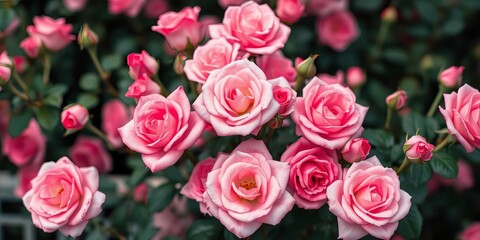 Fototapeta premium Soft-focus image of many pink roses, full bloom, lush petals, romantic background, roses, closeup