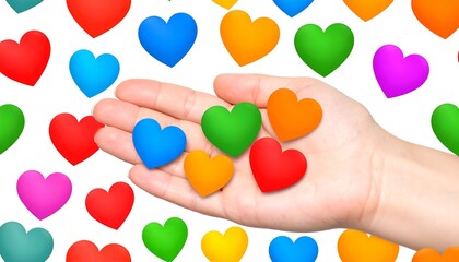 Hand holding colorful hearts on white background