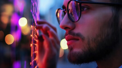Young businessman using a futuristic transparent touchscreen to analyze digital currency charts and financial data with a city bokeh background
