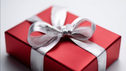 An elegant red gift box adorned with a shiny silver ribbon bow, symbolizing celebration, elegance, and festive joy.