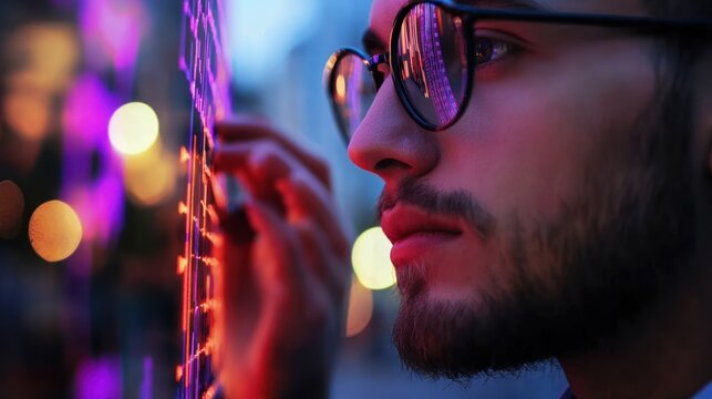 Young businessman using a futuristic transparent touchscreen to analyze digital currency charts and financial data with a city bokeh background