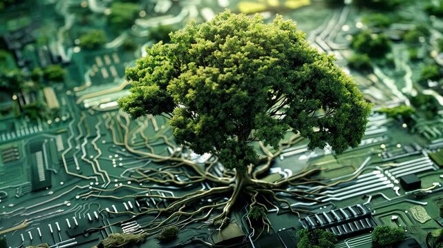 Digital forest emerges across a silicon board, branches pulsing over etched pathways&mdash;an arresting fusion of biology and electronics suited to climate tech, IoT, ESG reports and bold product launches f