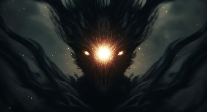 Dark shadowy figure with glowing eyes and energy