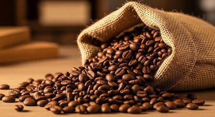 Roasted Coffee Beans Spilling from Burlap Sack