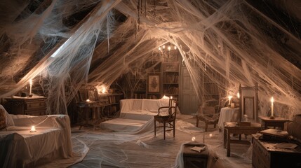 Spooky attic filled with cobwebs. Antique furniture covered in white sheets. Single candle flickering
