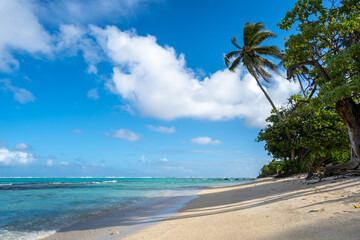 Anini Marae Beach on Huahine, French Polynesia, with turquoise waters