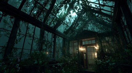 Spooky Victorian greenhouse overgrown with twisted vines. Broken glass panels and mysterious green glow