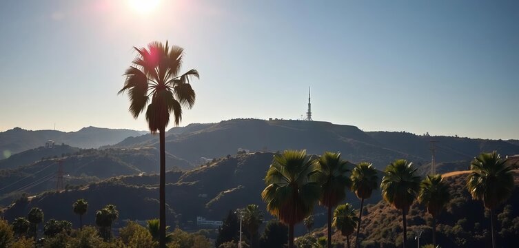 Sun-drenched Hollywood Hills skyline, iconic palm trees,  Hills,  picture