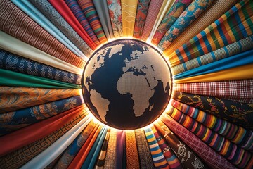 Vibrant global textile industry concept with a glowing Earth surrounded by diverse fabric patterns, symbolizing worldwide creativity and trade.