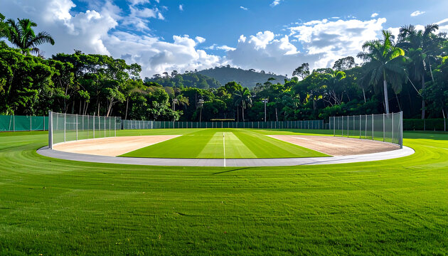 Cricket pitch under twilight sky with stadium lights, surrounded by trees—evoking calm anticipation, sport infrastructure, and match-ready atmosphere.