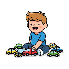Happy boy playing with colorful toy cars, childhood fun and imagination
