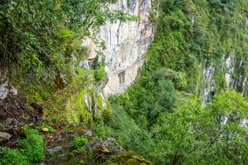 Inca Bridge - Puente Inca - on the Machu Picchu site, a hidden pathway in Peru