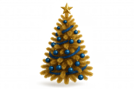 Christmas tree glowing gold and blue, decorated with star, tinsel, and ornaments, celebrating holiday season