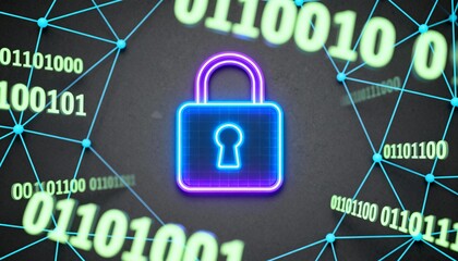Abstract glowing padlock icon surrounded by binary code, digital cyber security network background