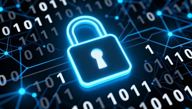Abstract glowing padlock icon surrounded by binary code, digital cyber security network background