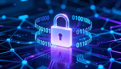 Abstract glowing padlock icon surrounded by binary code, digital cyber security network background