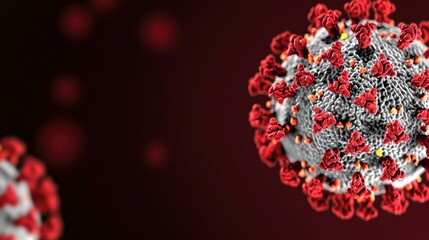 A detailed 3D rendering of the coronavirus cell, showcasing its spike protein structure on a dramatic red background during an outbreak