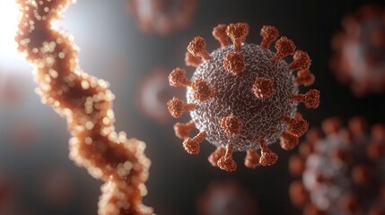 Scientific illustration of a coronavirus particle and DNA strand, symbolizing viral infection and genetic material in microbiology and virology research
