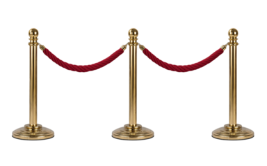 Three gold stanchions with red velvet rope isolated on a transparent background