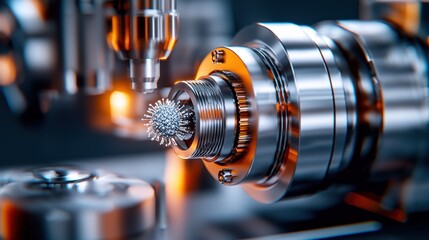 Detailed view of a manufacturing machine with intricate metal components and mechanical precision